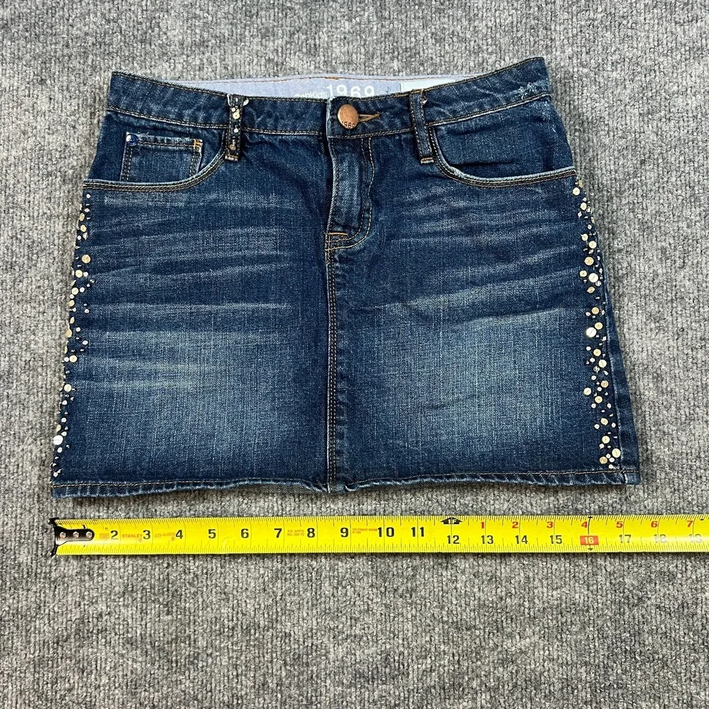 Gap 1969 Mini Skirt Girls 14R Blue Whiskered Denim Cotton Sequins‎ Dark Wash